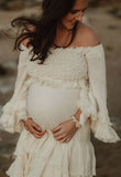  MQTIME  -  Maternity Photoshoot Dress Shed Gypsy Set Women's Boho Western Two-Pieces Cream Layered Ruffle Maxi Skirt For Pregnancy Session