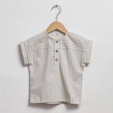  MQTIME  -  Children's Cotton Linen Striped Short-Sleeved T-Shirt Summer New Boys And Girls Round Neck Buttons Daily Casual Tops