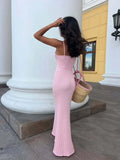 MQTIME  -  Knitted Sexy Backless Low Chest Women Maxi Dress Pink Spaghetti Strap High Waist Dress Summer Slim Vacation Beachwear