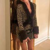 ﻿ MQTIME  -  Women Sexy Furry Patchwork Glitter Leopard Fashion 2 Piece Set Long Sleeve Cardigan Tops + Bodycon Mini Skirts Casual Streetwear