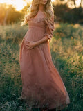 MQTIME  -  Pink Ruffle Off Shoulder Boho Photoshoot Pregnant Pregnancy Baby Shower Photography Maternity Clothes Maxi Dress For Women