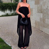 MQTIME  -  Sexy Strapless Hem Top & Long Pants Summer Outfit Casual Loose Thin Holiday Suits Irregular Chiffon Women's Two Piece Set
