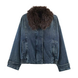  MQTIME  -  Women Denim Jacket Autumn Winter Fur Collar Long Sleeve Women's Coat Zipper Loose Female Casual Outerwear Retro Lady Tops ﻿