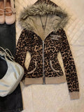  MQTIME  -  Streetwear Leopard Letter Printing Punk Jackets Women Y2k Aesthetic Furry Patchwork Hooded Coats Grunge Loose Vintage Jacket