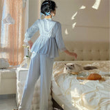 MQTIME  -  Spring New Lace Pajamas Suit Princess Style Nightwear  Rayon Stain Solid Long Sleeve Deep V-Neck Home Clothes