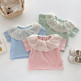 MQTIME  -  2025 Summer Baby Girls Clothes Big Lace Collar Girls Tee Solid Candy Color Base Ruffle Shirt Girls T Shirt