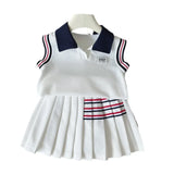 MQTIME  -  Baby Girl College Style Summer 2PCS Clothes Set Polo Collar Kid Girl Vest Top Set Thin Stylish Stripe Pleated Skirt Belle Outfit