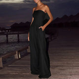 MQTIME  -  Simple Solid Loose Playsuit Casual Women Strapless High Waist Wide Leg Romper New Summer Off Shoulder Pocket Commuting Jumpsuit