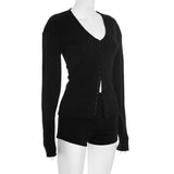  MQTIME  -   Autumn Women Solid 2 Piece Set Sexy V Neck Long Sleeve Metal Single Breasted Cardigan Tops + Shorts Slim Casual Suits