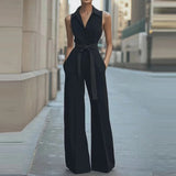 MQTIME  -  Casual Lace-Up Solid Color Long Jumpsuits Women Fashion Waist Pocket Straight Romper Elegant Lapel Button Office Playsuits