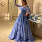 MQTIME  -  Luxury Dubai Blue Girl Dress Feathers Beaed A-Line Gown for Kids Wedding Birthday Communion Party Pageant 2024 J369