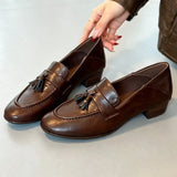 MQTIME  -  Retro British Style Round Toe Women's Loafers Tassel Detail Soft Leather Chunky Heel Pumps Women Comfort Casual Shoe Single Shoe