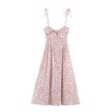 MQTIME  -  French Style Retro White With Red Fruit Print Bow Lacing Up Sling Dress Slim Waist Ruched  A line Midi Long Dresses Robe
