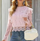 MQTIME  -  New Women's Sexy Hollow Out Long Sleeve Lace Shirt Top Temperament Commuting Female Fashion Elegant Translucent Blouses