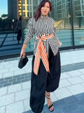 MQTIME  -  Chic Spliced Belt Stripe Shirt Lapel Collar Long Sleeve Autumn Women Street Casual Daily Blouse Fashion Trendy Ladies Top