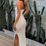 MQTIME  -  Sexy Strapless Bandeau Dress Hollow Out Crochet Knitted Tunic Beach Cover Up Cover-ups Beach Dress Beachwear Women DV5321B