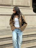MQTIME  -  Chic Suede Short Jacket Woman Lapel Zipper Pocket Long Sleeves Solid Coats 2025 Autumn Casual Streetwear Lady New In Jackets