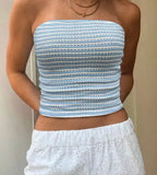 MQTIME  -  Sexy Blue White Striped Off Shoulder Tight Vacation Vest Top for Women Summer New Fashion Women's Sweet Slimming Tank Top