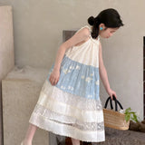 MQTIME  -  Girls Dress Spring and Summer New Childrens Clothing Korean Style Girl Baby Lace Splicing Flower Hanging Neck Halter Dress