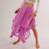 MQTIME  -  Women Lace Ruffle Courtship Half Slip Elastic Waist Asymmetrical Hemline Midi Skirts Semi Sheer Layered Maxi Skirts
