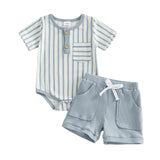 MQTIME  -  Infant Boys 2-Piece Summer Set with Short-Sleeve Striped Romper and Shorts - Adorable Newborn Clothing for Warm Weather