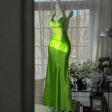 MQTIME  -  Neon Green Halter Satin Women's Mermaid Prom Dresses Beaded Deep V Neck Sleeveless Long Formal Evening Gown