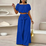 MQTIME  -  Fashion Streetwear Tie Up Commuter Outfit New Summer Solid Loose Two Piece Women's Casual Short Sleeve Top + Wide Leg Pants Suit