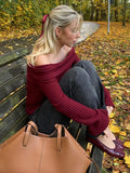 Mqtime Vintage Red Off Shoulder Sweater For Women Elegant Slash Neck Flare Sleeve Warm Knitted Pullover Autumn Lady Elegant Knitwear