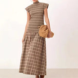MQTIME  -  Vintage Grid Printed Slim Big Hem Dress Elegant O-neck Women Short Sleeve Party Dress Temperament High Waist Pleated Maxi Dress