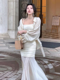 Mqtime Elegant Slim Mesh Dress Women Spaghetti Strap Evening Party Solid Runway Mermaid Vestidos Robe Lady Vintage Clothing New