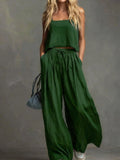 MQTIME  -  Spring and Summer Women's Solid Color Casual Cotton and Linen Suspender Top Wide Leg Pants Set