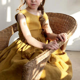 MQTIME  -  Vintage Cotton Linen Girls Sleeveless Dress Chic Open Back Buttons Bandage Bow Sweet Loose Wending Evening Party Dresses
