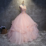 MQTIME  -  Woman Applique Beading Sleeveless Prom Dresses Elegant Pink A-line Tulle Party Gown Robe de soiree