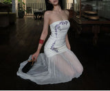 MQTIME  -  Gentle Floral Embroidery Strapless Maxi Dress Summer Slim Bodice Women Sheer Patchwork Vacation Wedding Guest Evening Long Dress