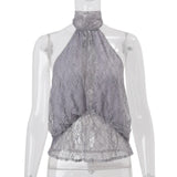  MQTIME  -  Women Solid Sheer Lace Halter Tank Top Y2k High Neck Sleeveless Ruched See Through Slim Blouse Ladies Street Summer Shirt