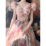 MQTIME  -  High end French Hepburn Style Unique Pink Flower Long Dress Summer Sweet Bubble Sleeve Waist Slimming Vintage Dress for Women