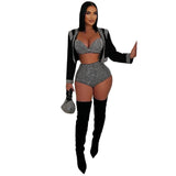 MQTIME  -  3 Pieces Set Sexy Summer Spring Fashion Women Set Female Diamonds Long Sleeve Tops And Shorts Suit Matching Outfit