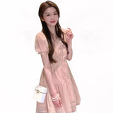 MQTIME  -   French V-neck Pink Sweet Women's Dress Summer Dress Fairy Dress Pure Desire ins Yarn Dress Women's Dress Short Dress