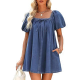 MQTIME  -  Summer New Fashion Square Neck Women Bubble Sleeve Dress Simple Strap Up Elegant Female Denim Short Dresses