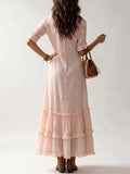 MQTIME  -  Women Long Sleeve Button Shirt Dress New Solid Down Ruffle High Low Hem Flowy Maxi Dress Casual Beach Vacation Boho A-Line Dress