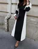 MQTIME  -  Spring Autumn Female French Elegant Contrast Color Dress Long Flare Sleeve Hollow Out Turn-down Collar Black White Women Dresses