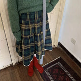 MQTIME  -  Women Vintage Green Plaid Tiered Midi Skirts Elastic High Waist A Line Ruffled Cake Skirt Autumn Casual Preppy Style Long Skirts
