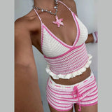 MQTIME  -  Color Patchwork Knitted Vacation Beach 2 Piece Set Women Sexy V-neck Lace Halter Backless Ruffles Camis Crop Tops + Shorts Suit