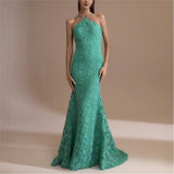 MQTIME  -  Party Dresses For Woman Sexy Halter Neck Backless Lace Fishtail Evening Dress Solid Color Sleeveless Slim Vestidos Elegant Robe