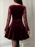 MQTIME  -  Sweet Solid Long Sleeved Slim Dress Luxury Velvet Tied Waist Cinch A-Line Dress Elegant Square Collar Lace Splice Evening Dress