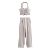  MQTIME  -  Women Fashion Solid Vest Pant Suit Single Breasted Halter Cropped Vests Top High Waist Patchwork Trouser Office Lady Sets