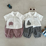  MQTIME  -  Boys' Suit Spring and Summer New Children's Wear Korean Boy Baby Cute Cartoon Plingham Cloth Shirt Shorts Two-piece Set