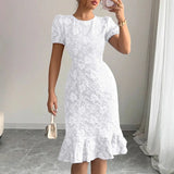 MQTIME  -  Commuting Solid Color Mid Dress Elegant Lady Short Sleeve O Neck Party Dress Sexy Slim High Waist Wrap Hips Dress Women