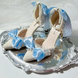 MQTIME  -  White Blue High Heels for Women Party Shoes Wedding Heels Y2K Shoes Bow Pearl Shoes for Women Elegant Women's Heeled Shoes