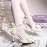 MQTIME  -  Lolita cosplay high heel Mary jane shoes y2k heels rose wedding shoes bridal heels pointed toe heel green white heel